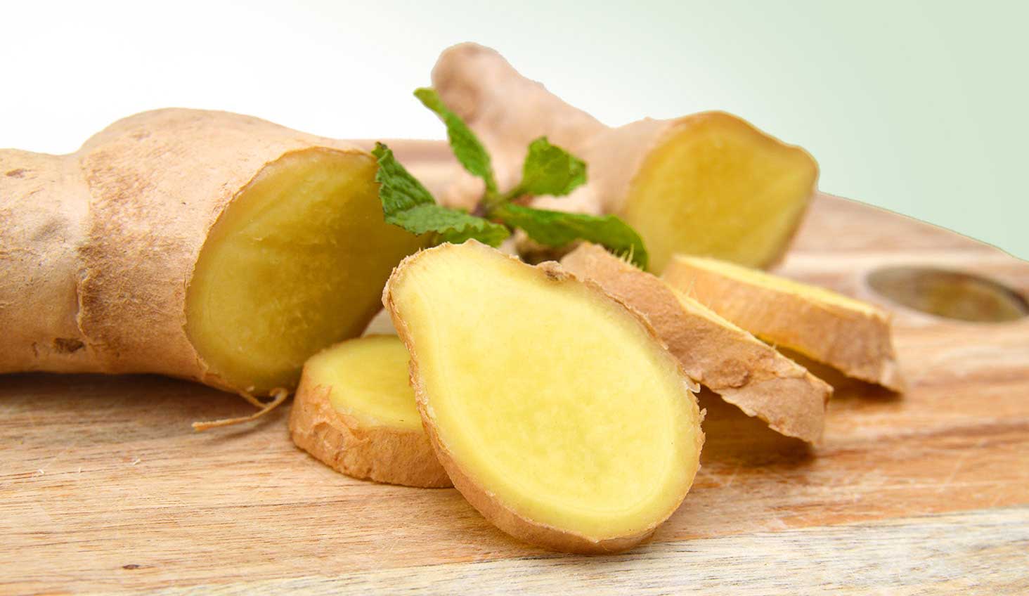 raíz de jengibre fresco y cortado en rodajas con fondo natural