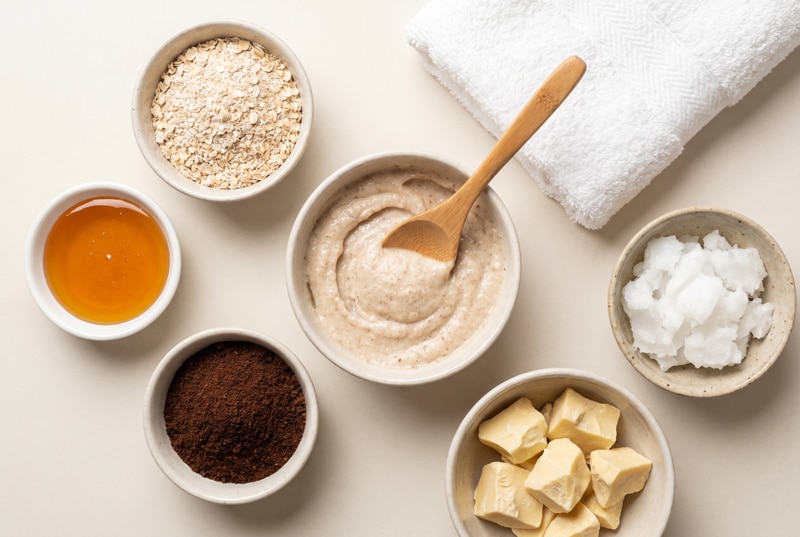 Ingredientes naturales como avena miel café y coco para preparar exfoliantes caseros para la piel 
