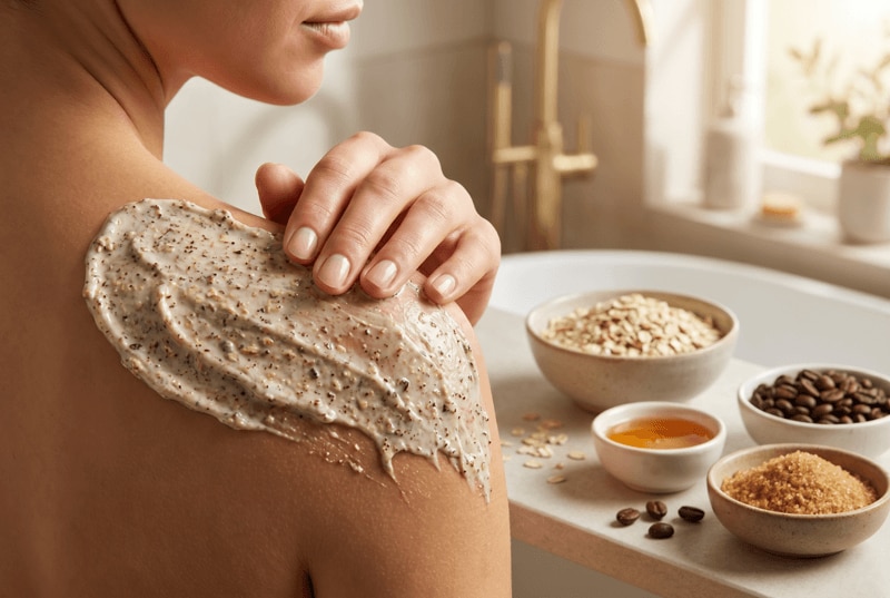 Exfoliante casero para cara y cuerpo aplicado suavemente durante una rutina natural de cuidado de la piel
