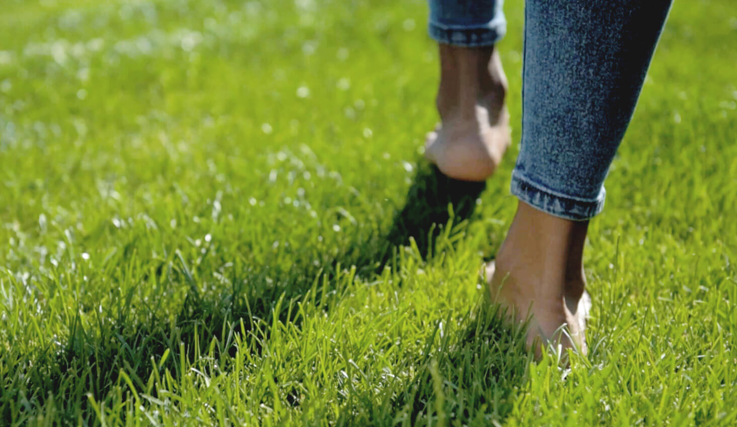 Pies descalzos caminando sobre un campo verde