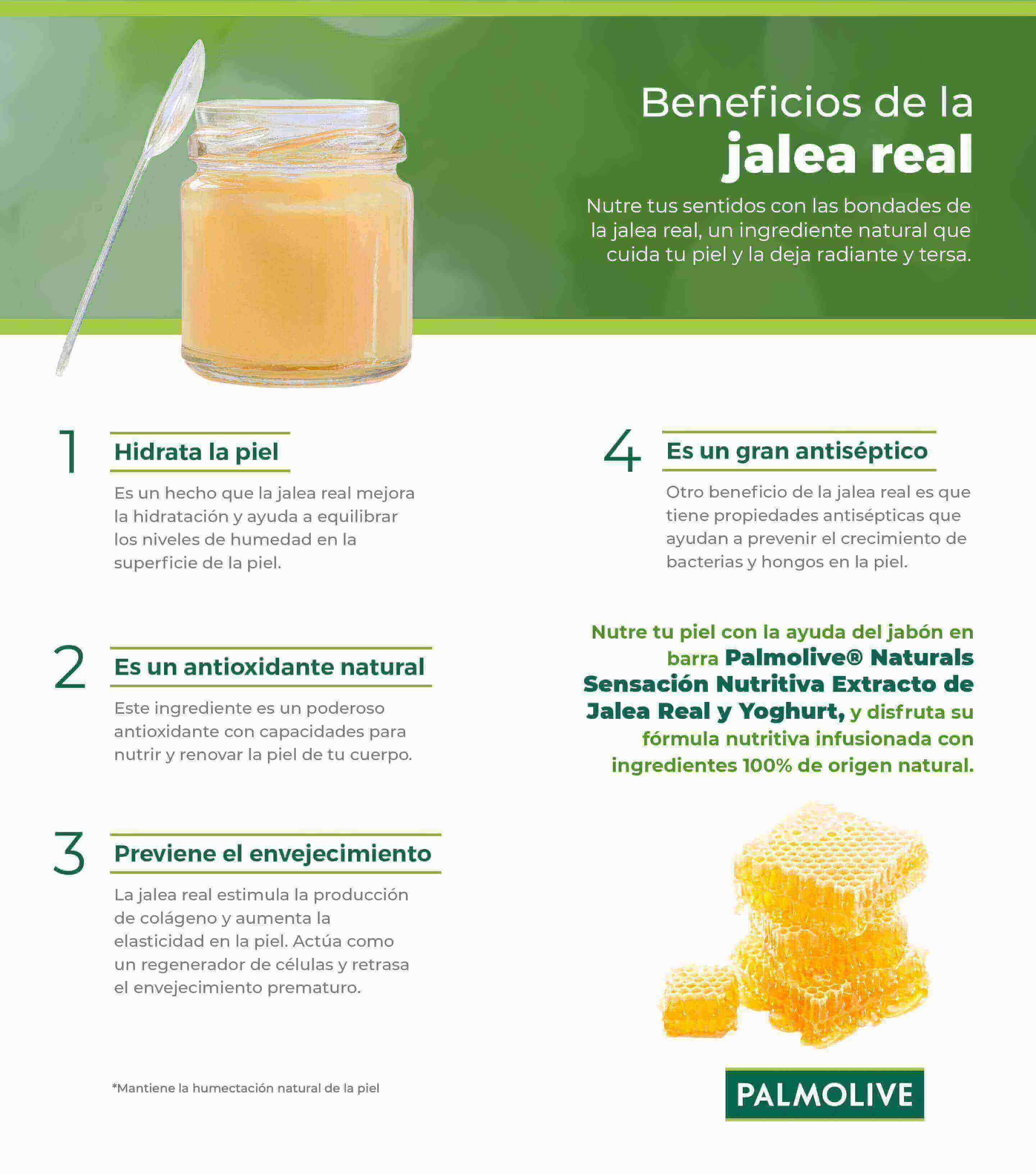 Infografía de beneficios de la jalea real para el cuidado de la piel