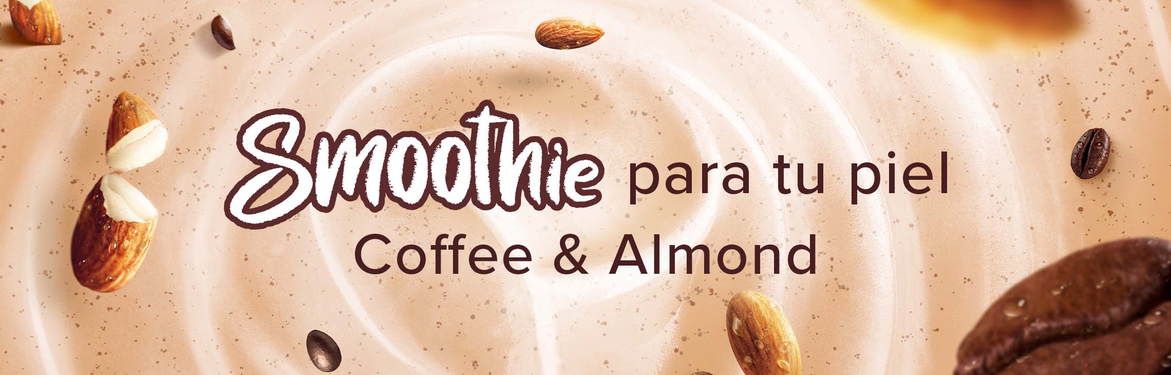 Banner con fondo cremoso y almendras, acompañado del mensaje “Revitaliza tu piel todos los días con Palmolive Smoothie Coffee & Almond”