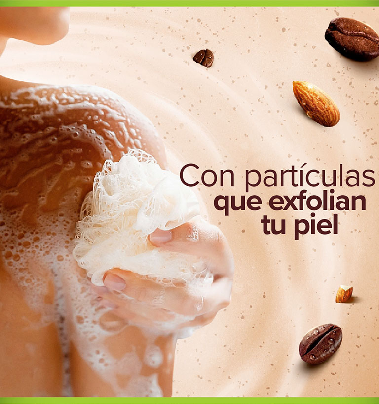 Parte trasera del envase Palmolive Smoothie Coffee & Almond de 390 ml, mostrando ingredientes, beneficios y sello de compromiso ambiental
