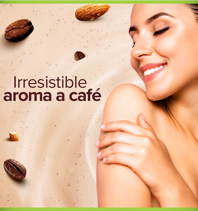 Composición visual con gotas de aceite, granos de café y almendra, acompañada del texto “Con extracto de café y aceite de almendra”.