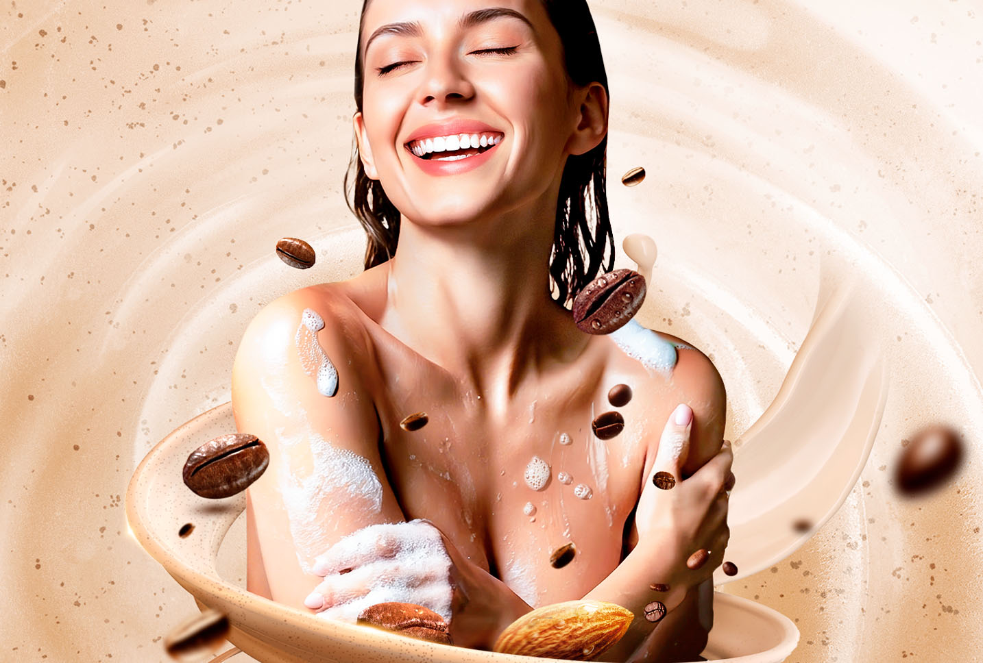 Fondo cremoso con gotas de aceite, granos de café y almendras, representando los ingredientes naturales del jabón Palmolive Smoothie.