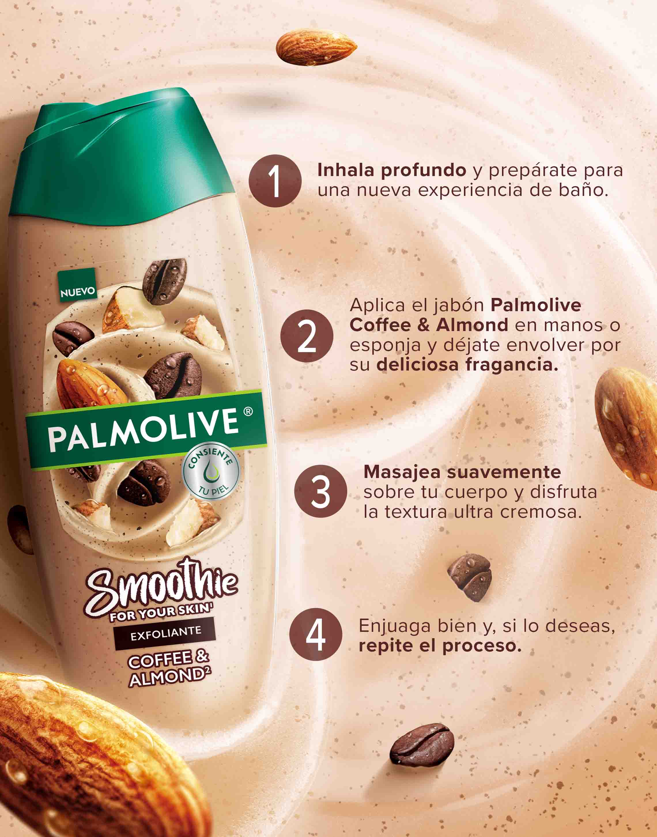 Mujer sonriente disfrutando del baño con jabón Palmolive Smoothie, rodeada de espuma, café y almendras en un entorno cremoso y sensorial.
